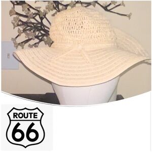 Route 66 Cream Woven Straw Wide Brim Floppy Boho Sun Hat